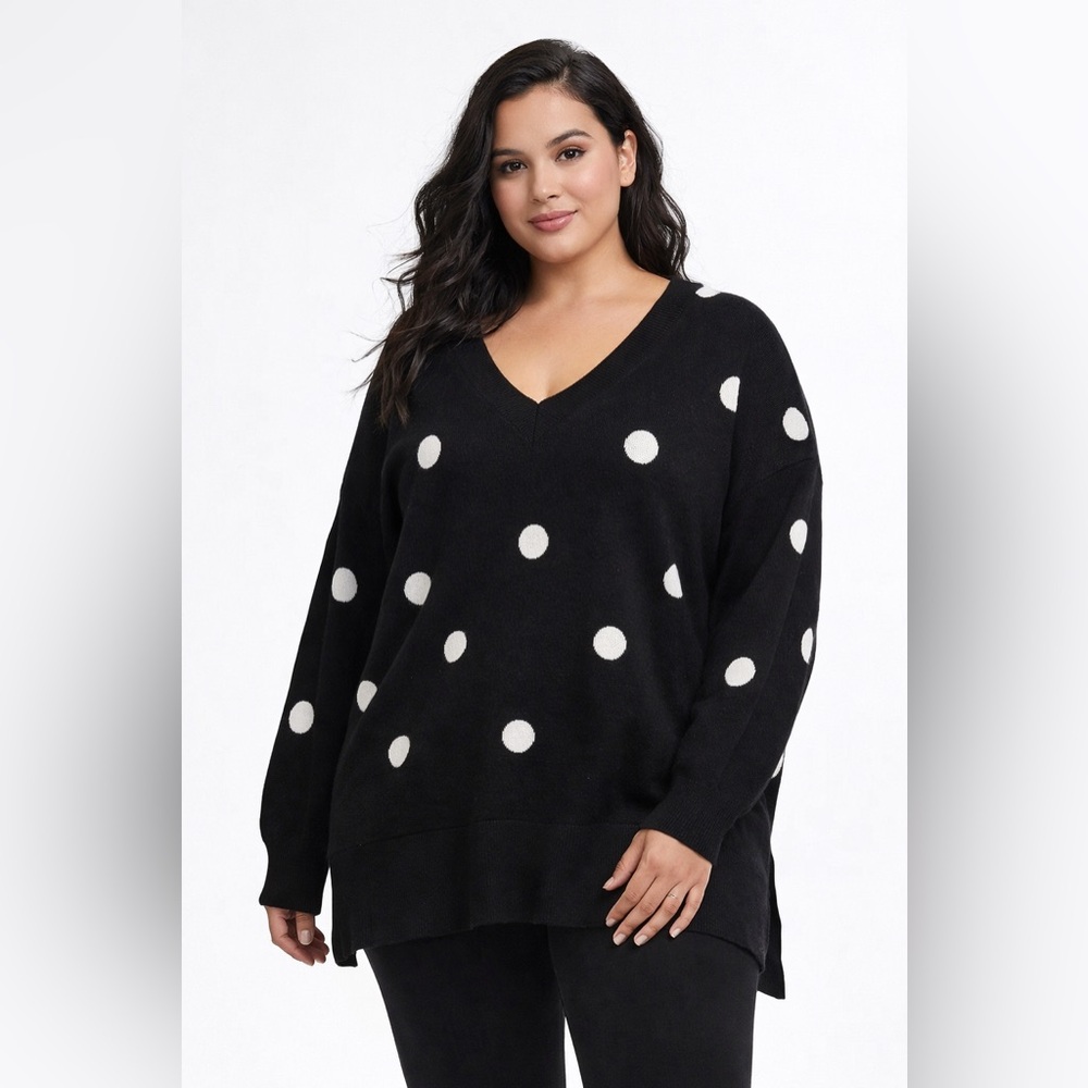 Philosophy Black V-Neck Snow Globe Sweater with White‎ Dots Size 1X